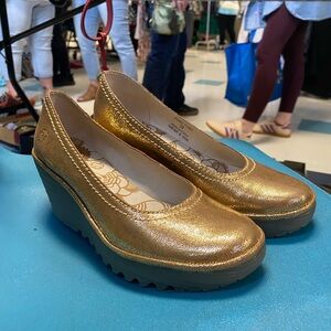 Fly London Gold Wedge Shoes with Comfort Grip